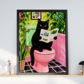 Black Cat Reading Newspaper on Pink Toilet, Retro Bathroom Art (Print)