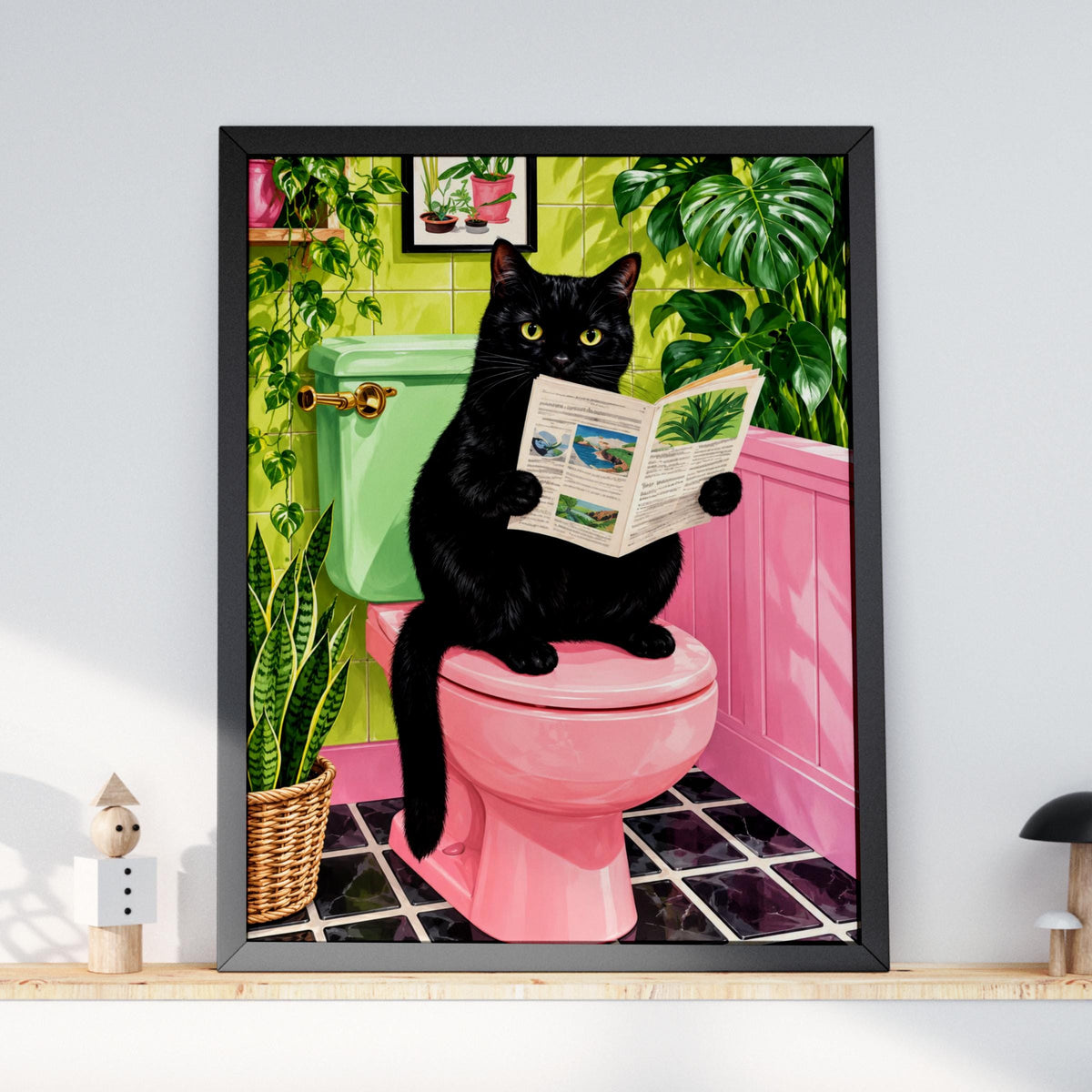 Black Cat Reading Newspaper on Pink Toilet, Retro Bathroom Art (Print)