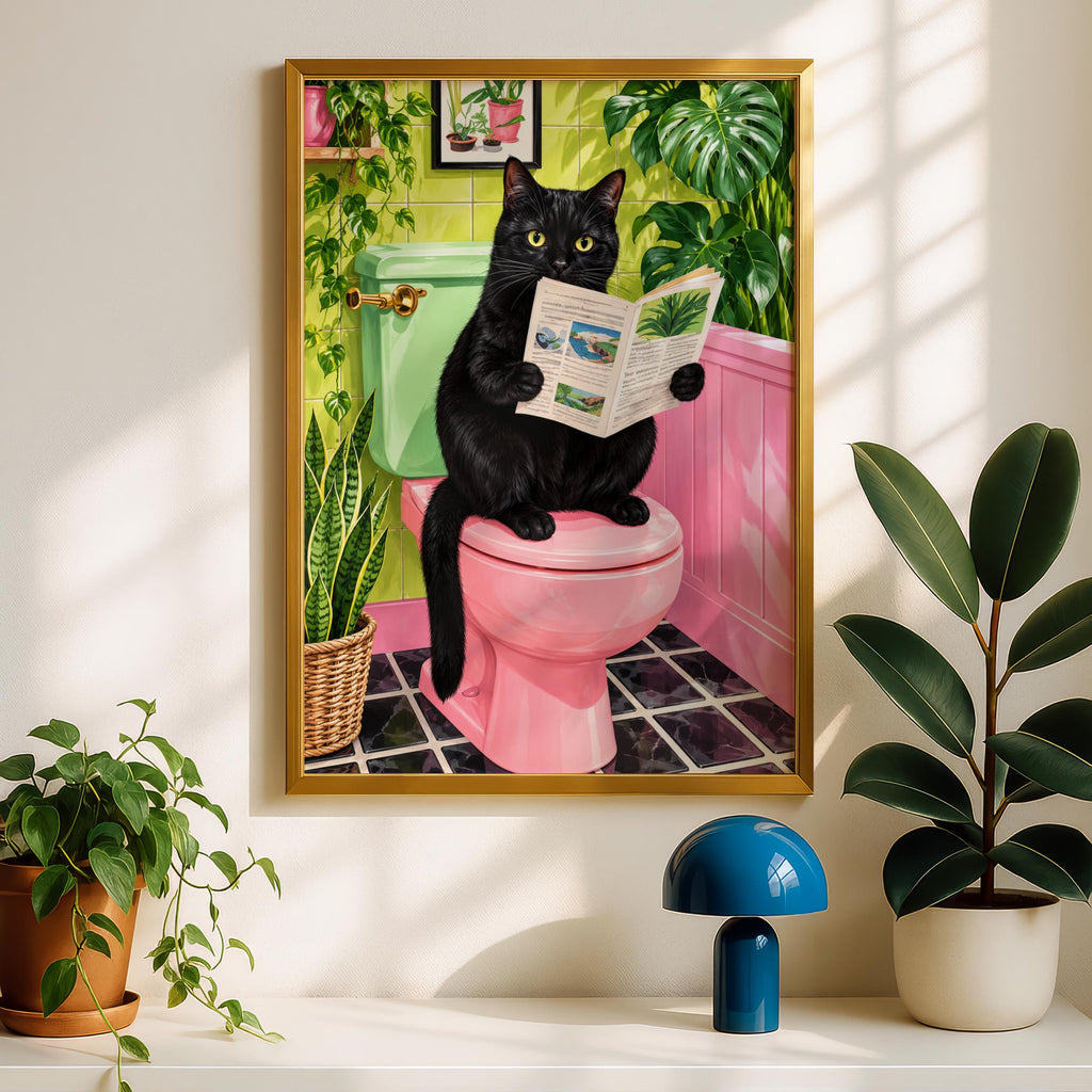 Black Cat Reading Newspaper on Pink Toilet, Retro Bathroom Art (Print)