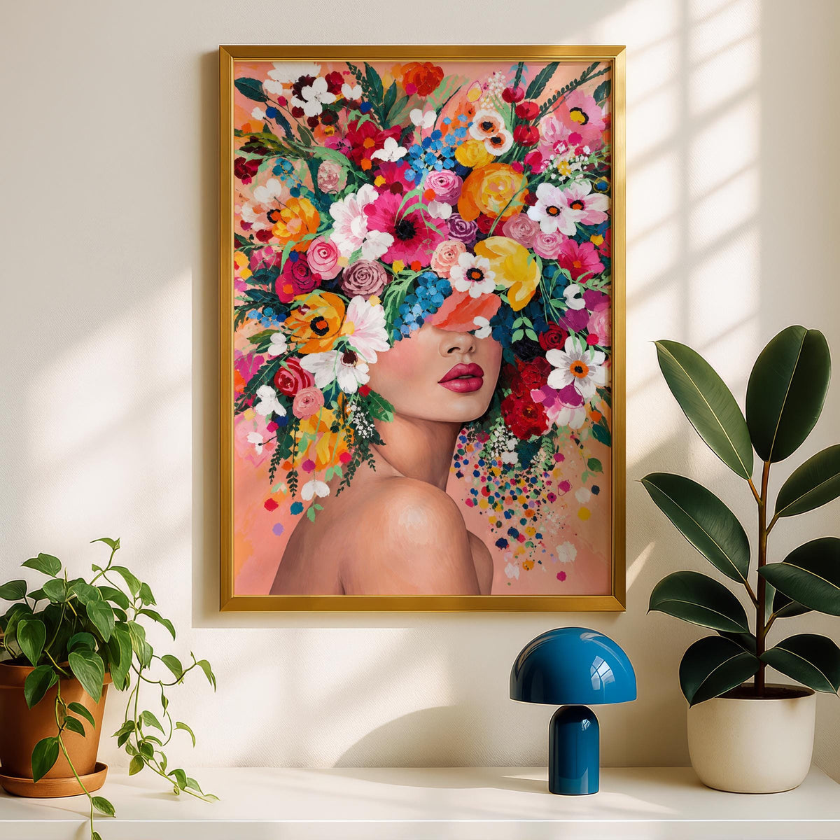 Floral Woman Portrait Print, Colourful Flower Crown Poster, Maximalist Botanical Wall Art
