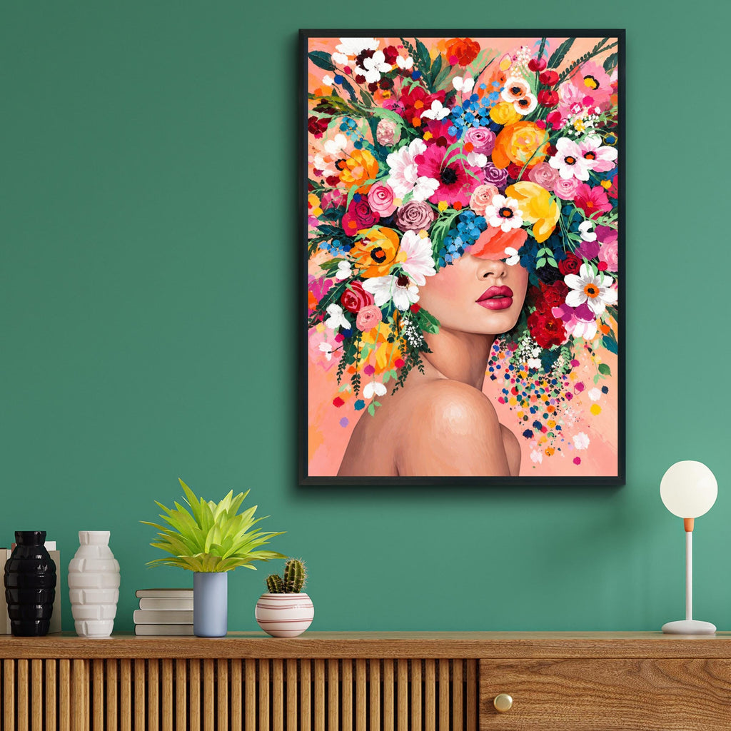 Floral Woman Portrait Print, Colourful Flower Crown Poster, Maximalist Botanical Wall Art