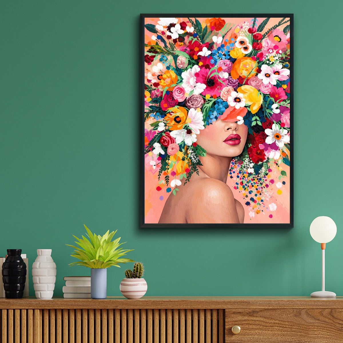 Floral Woman Portrait Print, Colourful Flower Crown Poster, Maximalist Botanical Wall Art