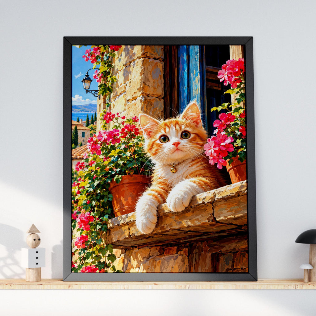 Ginger Kitten Geranium Poster, Mediterranean Village, Floral Cat Lover Gift (Print)