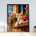 Ginger Kitten Geranium Poster, Mediterranean Village, Floral Cat Lover Gift (Print)