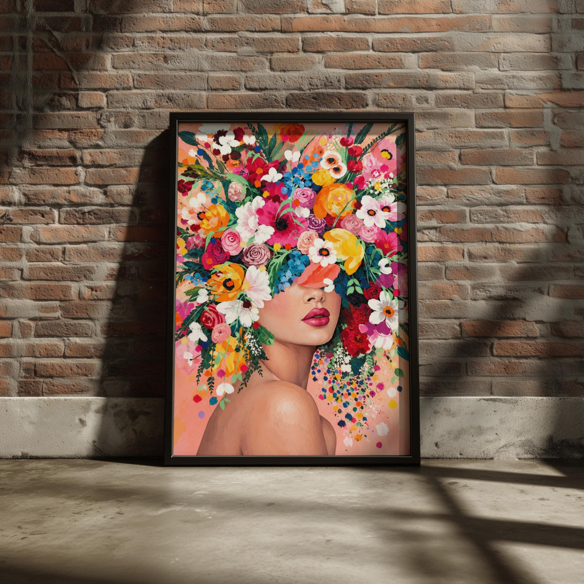 Floral Woman Portrait Print, Colourful Flower Crown Poster, Maximalist Botanical Wall Art