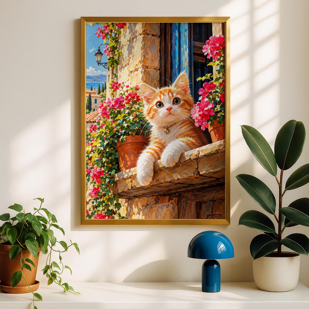 Ginger Kitten Geranium Poster, Mediterranean Village, Floral Cat Lover Gift (Print)