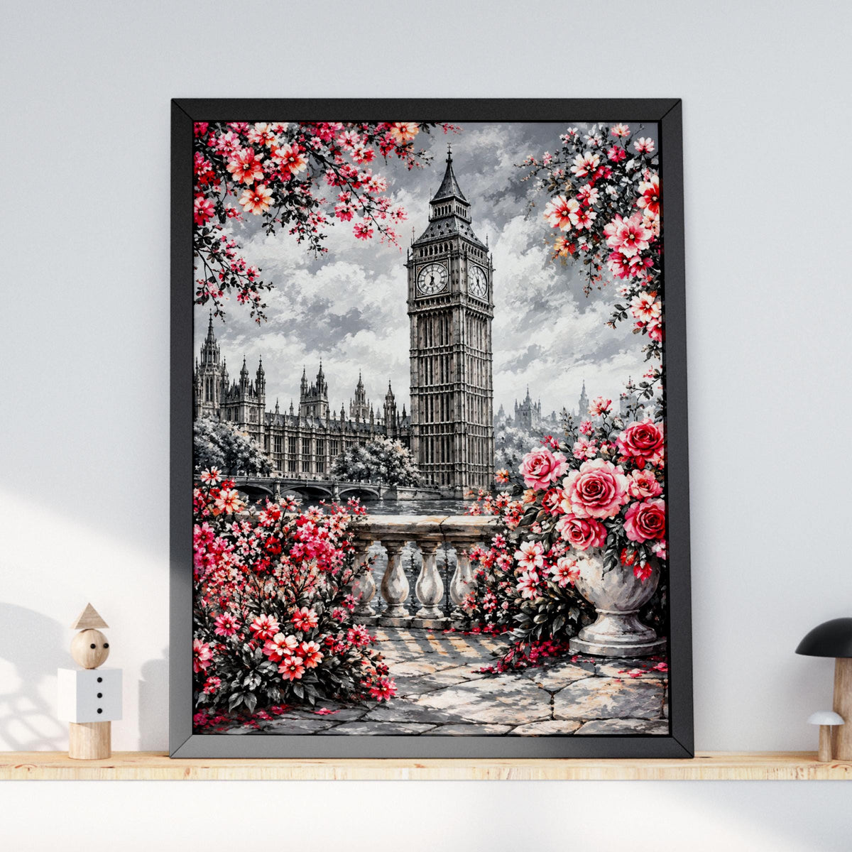 Big Ben London Art Print, Red Roses, Cherry Blossoms, UK Travel Decor (Poster)