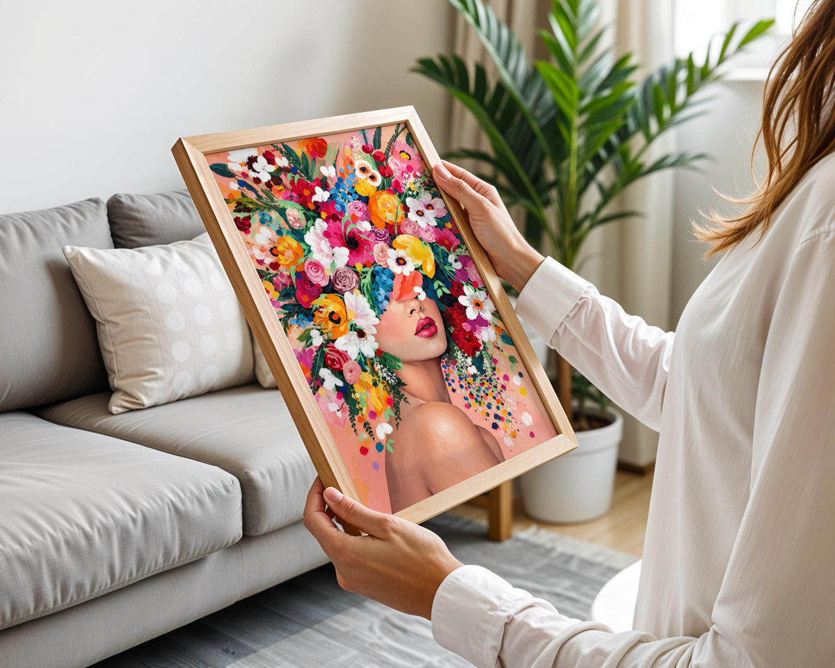Floral Woman Portrait Print, Colourful Flower Crown Poster, Maximalist Botanical Wall Art