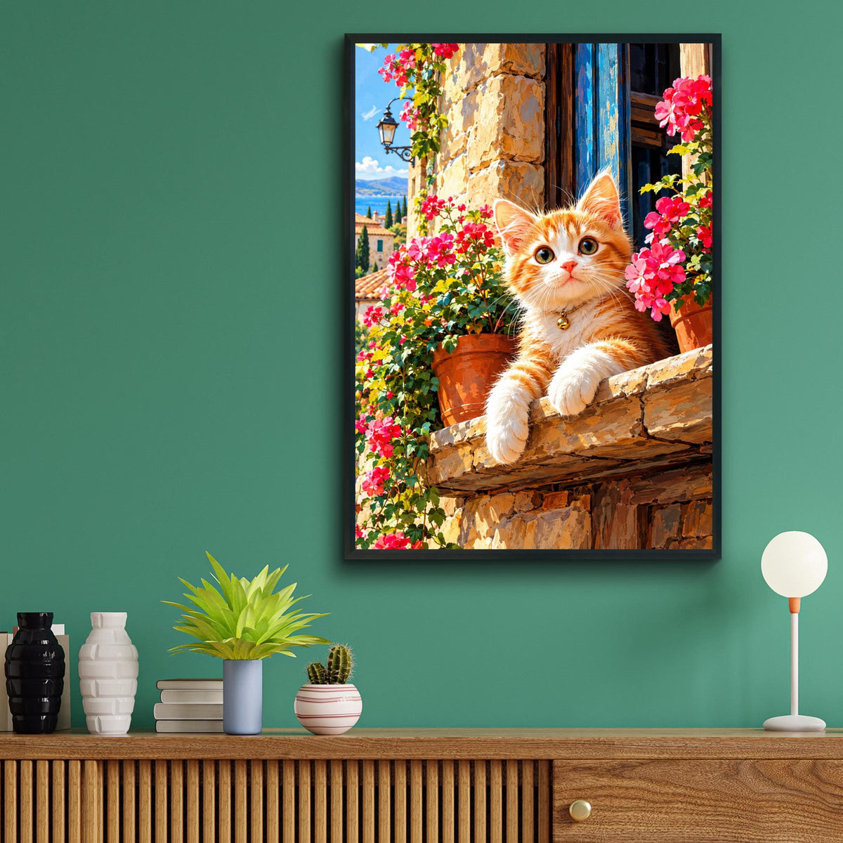Ginger Kitten Geranium Poster, Mediterranean Village, Floral Cat Lover Gift (Print)