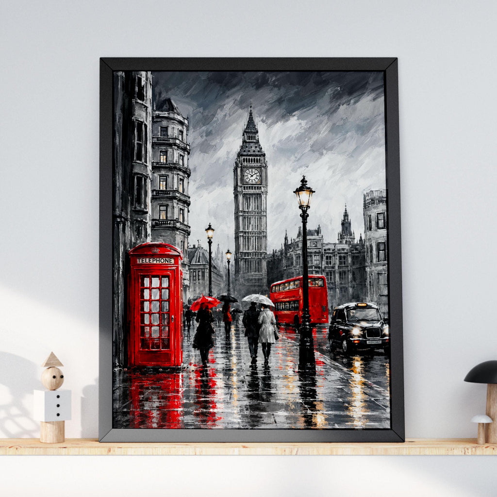 London Rain Street Scene Poster, Big Ben, Red Telephone Box, Black White Red Wall Art