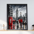 London Rain Street Scene Poster, Big Ben, Red Telephone Box, Black White Red Wall Art