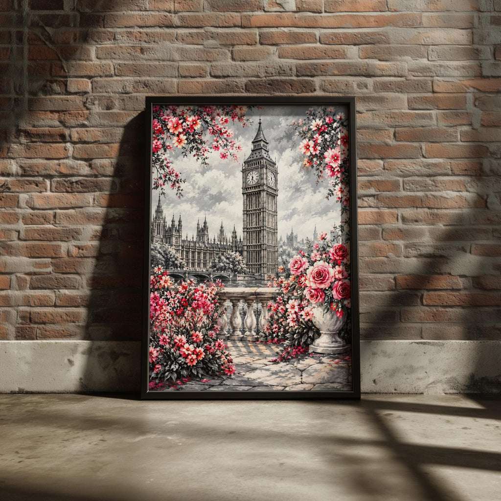 Big Ben London Art Print, Red Roses, Cherry Blossoms, UK Travel Decor (Poster)