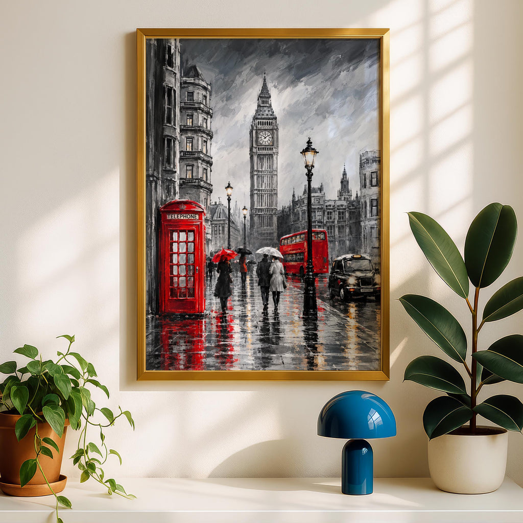 London Rain Street Scene Poster, Big Ben, Red Telephone Box, Black White Red Wall Art