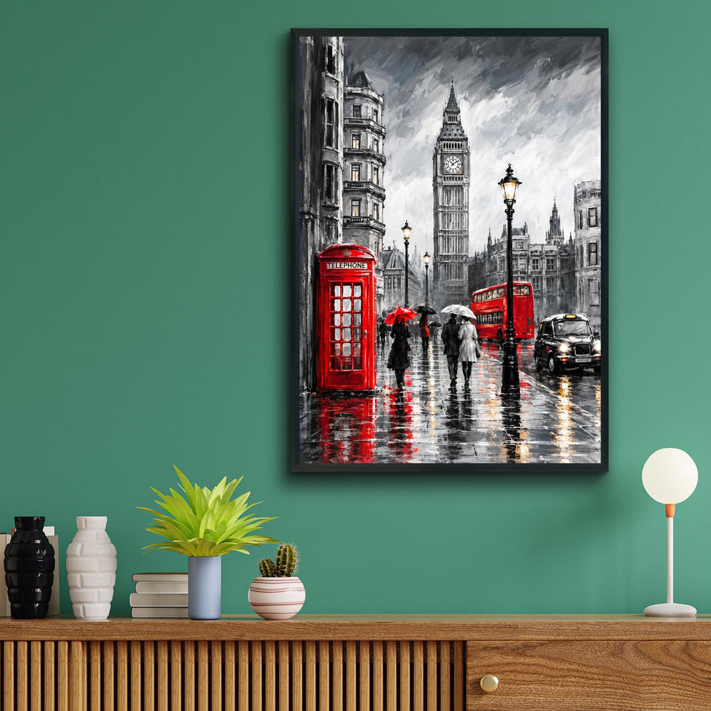 London Rain Street Scene Poster, Big Ben, Red Telephone Box, Black White Red Wall Art