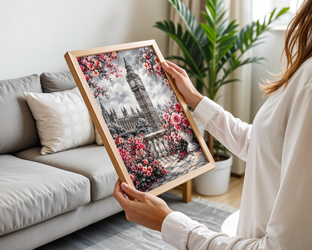 Big Ben London Art Print, Red Roses, Cherry Blossoms, UK Travel Decor (Poster)