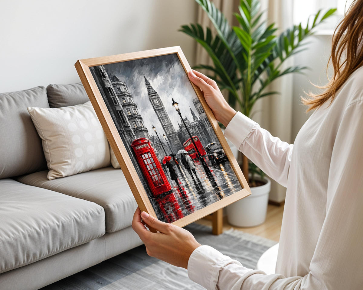 London Rain Street Scene Poster, Big Ben, Red Telephone Box, Black White Red Wall Art