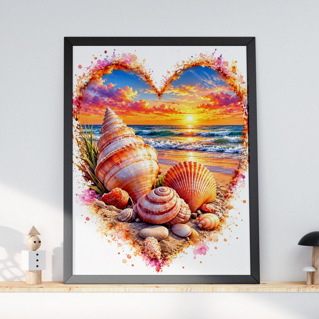 Seashell Heart Sunset Beach Poster, Watercolour Coastal Wall Art Print (Digital Download)