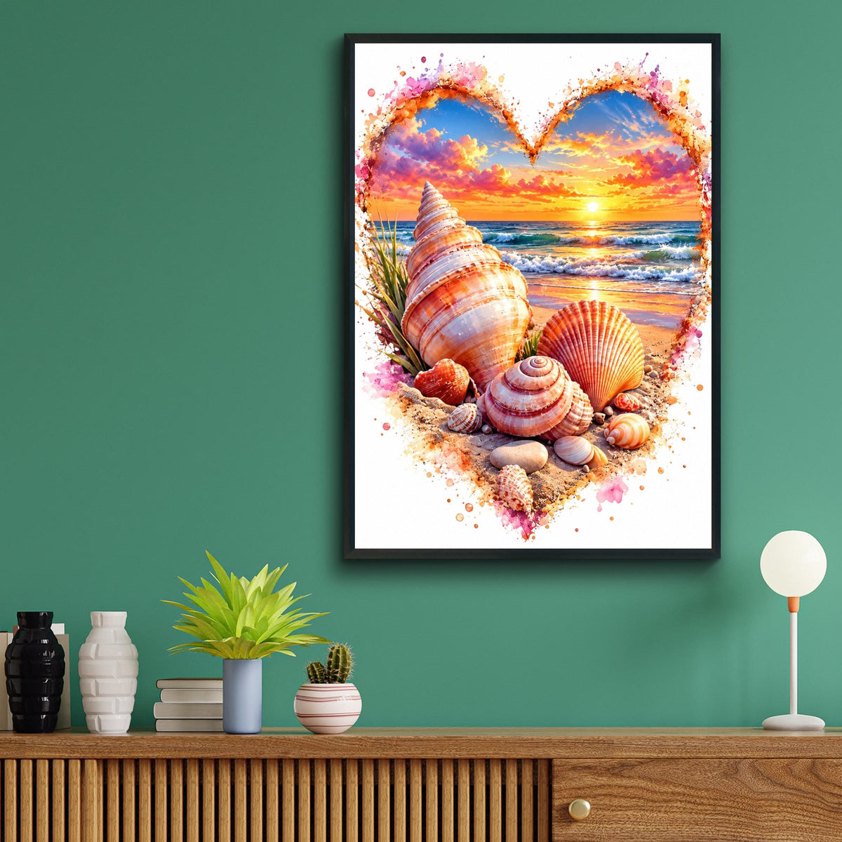 Seashell Heart Sunset Beach Poster, Watercolour Coastal Wall Art Print (Digital Download)