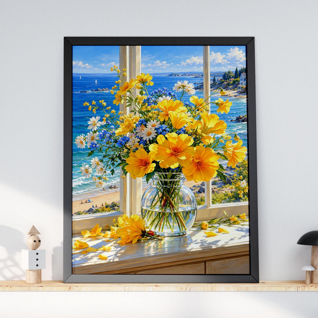 Coastal Floral Bouquet Print, Yellow Cosmos, Sea View Wall Art (Digital Download)
