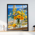 Coastal Floral Bouquet Print, Yellow Cosmos, Sea View Wall Art (Digital Download)