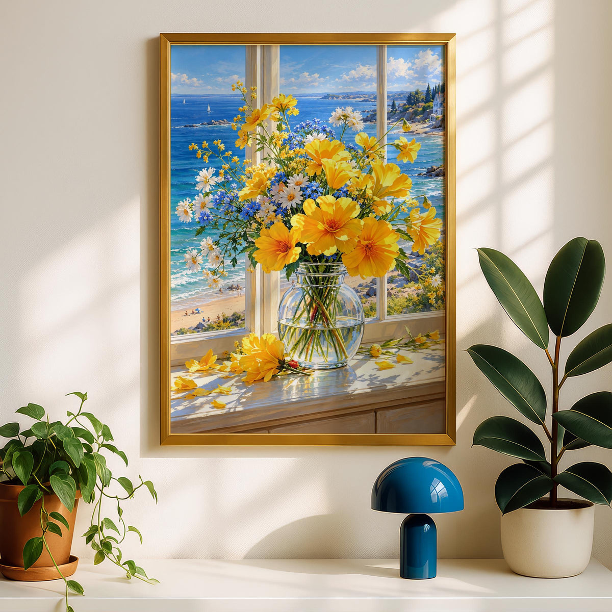 Coastal Floral Bouquet Print, Yellow Cosmos, Sea View Wall Art (Digital Download)
