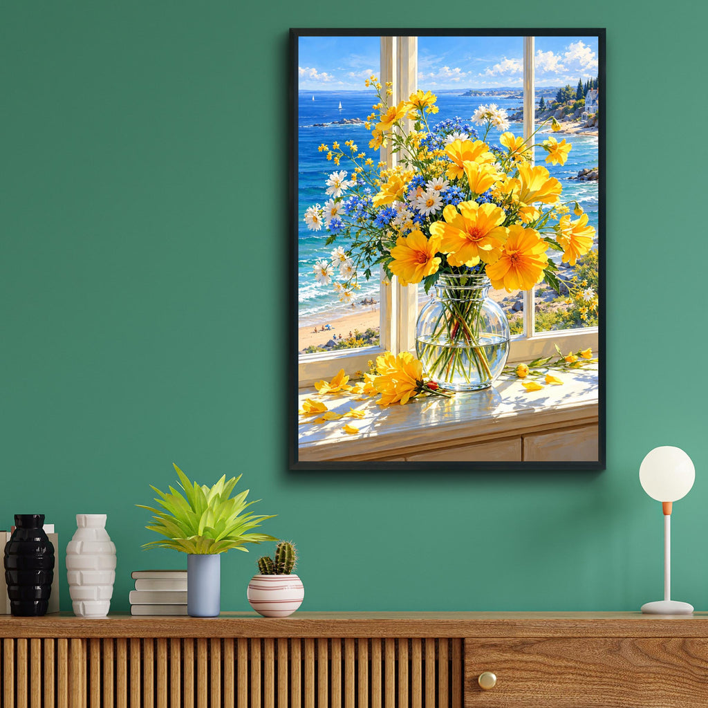 Coastal Floral Bouquet Print, Yellow Cosmos, Sea View Wall Art (Digital Download)