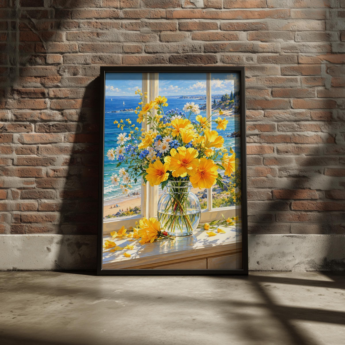 Coastal Floral Bouquet Print, Yellow Cosmos, Sea View Wall Art (Digital Download)