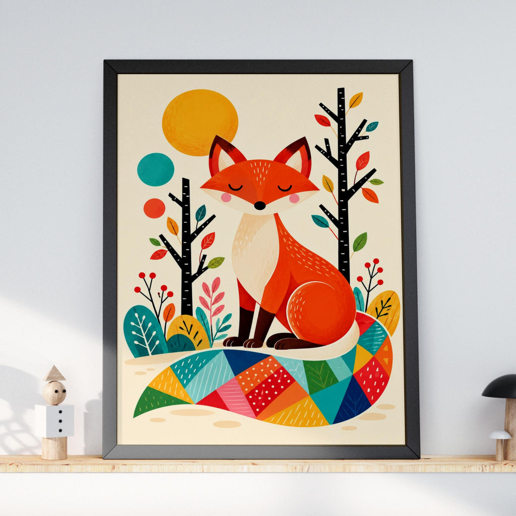Scandinavian Fox Wall Art, Colourful Woodland Animal Print, Nursery Poster, Folk Art Forest