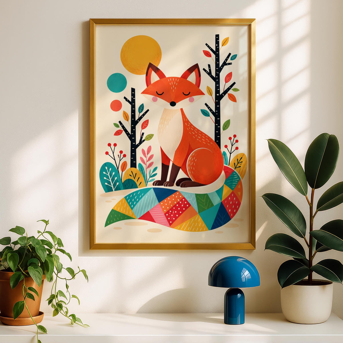 Scandinavian Fox Wall Art, Colourful Woodland Animal Print, Nursery Poster, Folk Art Forest