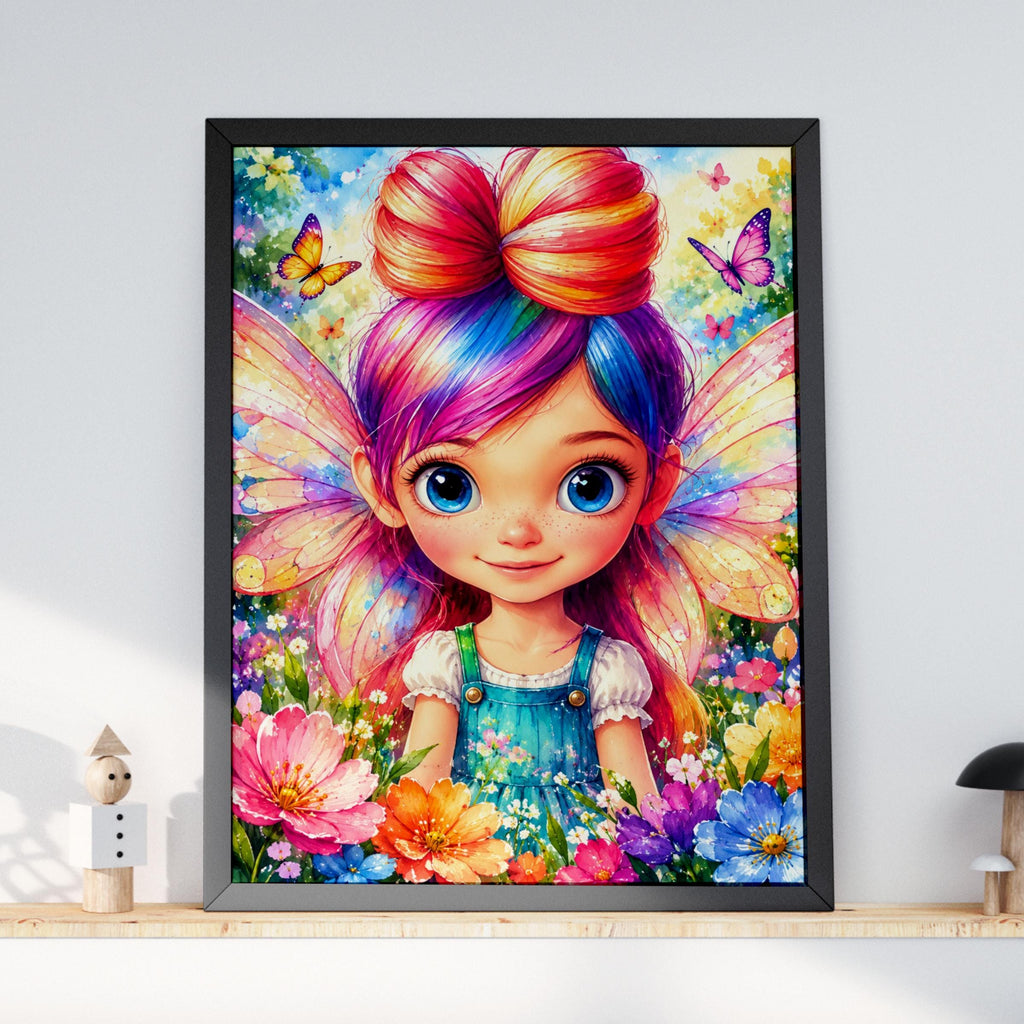 Rainbow Fairy Garden Watercolour Print, Cute Fairy Girl Poster, Butterfly Flower Nursery Wall Art