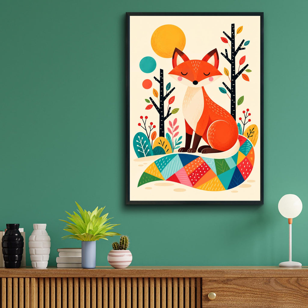 Scandinavian Fox Wall Art, Colourful Woodland Animal Print, Nursery Poster, Folk Art Forest