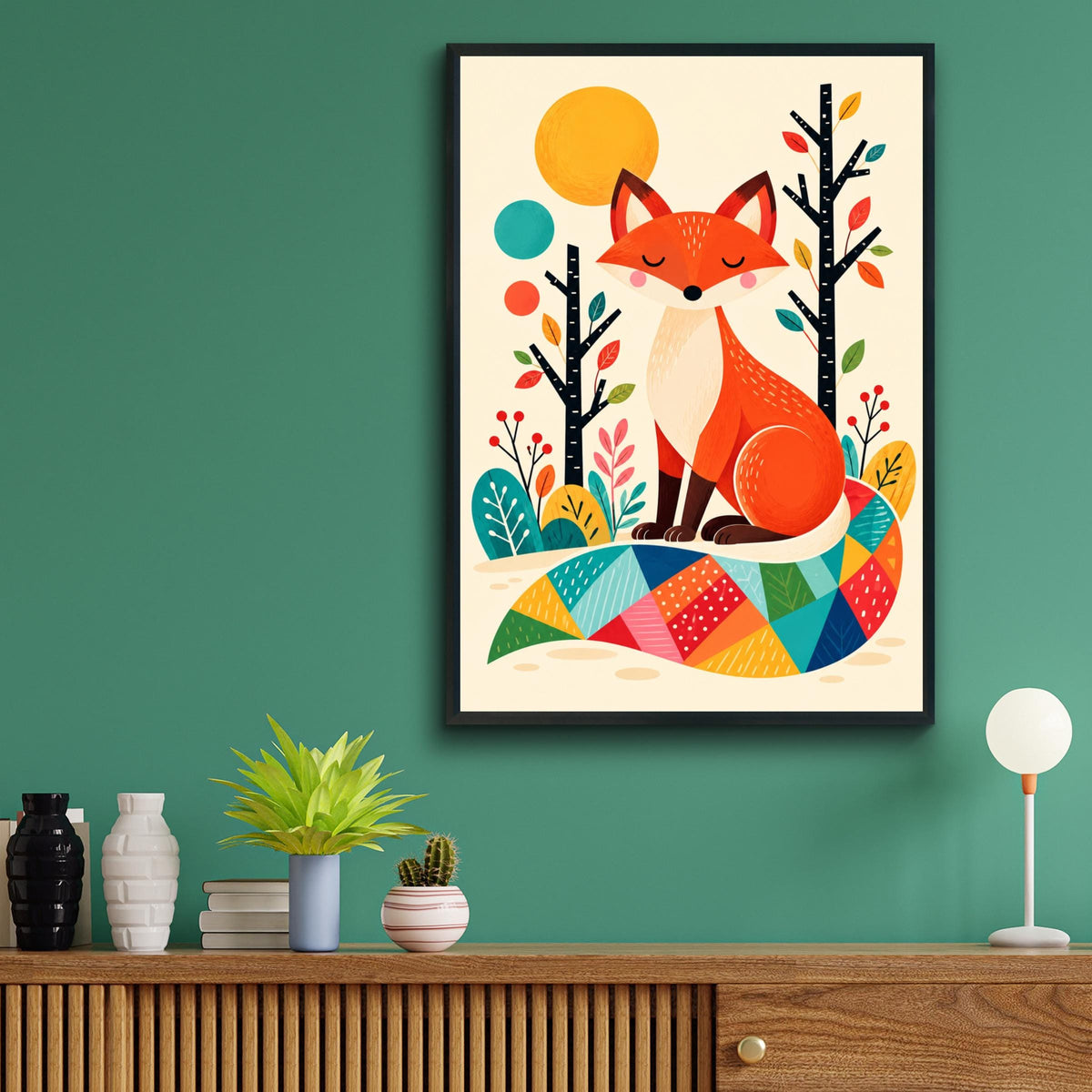 Scandinavian Fox Wall Art, Colourful Woodland Animal Print, Nursery Poster, Folk Art Forest