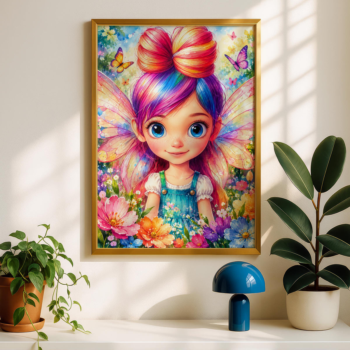 Rainbow Fairy Garden Watercolour Print, Cute Fairy Girl Poster, Butterfly Flower Nursery Wall Art