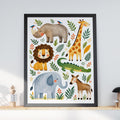 Safari Animals Nursery Print, Watercolour Lion Elephant Giraffe Poster, Kids Room Wall Art Decor