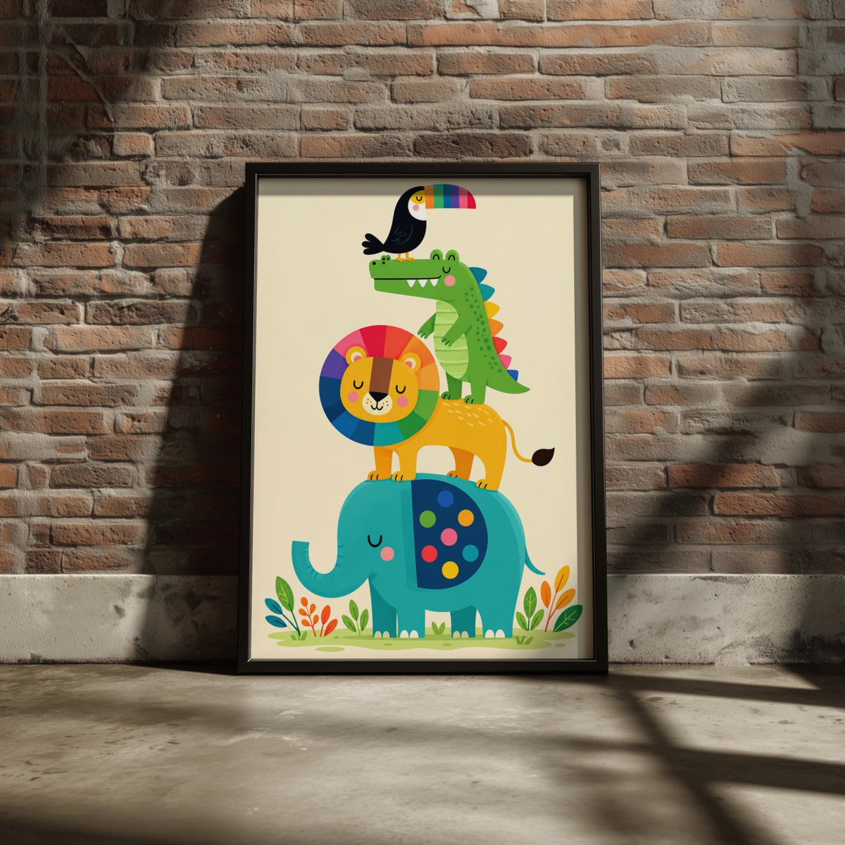 Rainbow Animal Stack Nursery Print, Elephant Lion Crocodile Toucan, Colourful Kids Room Wall Art