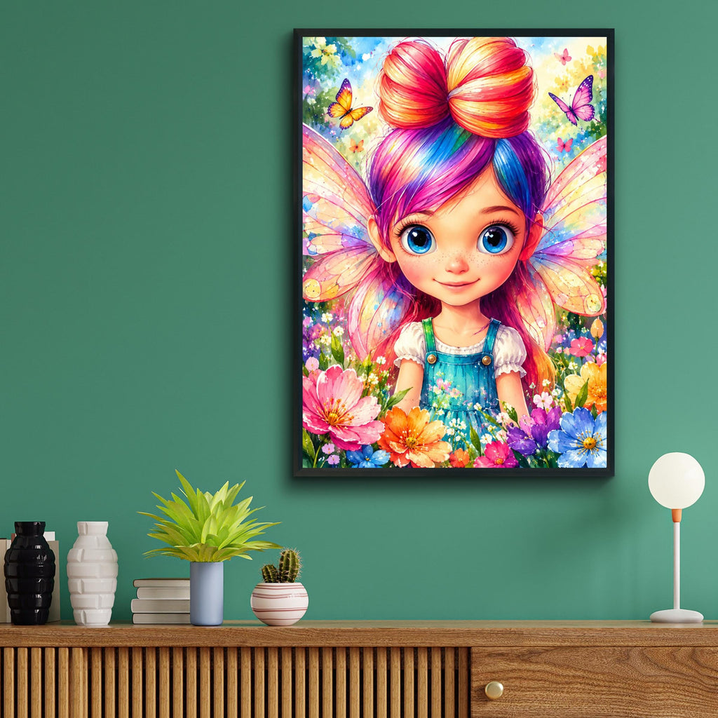 Rainbow Fairy Garden Watercolour Print, Cute Fairy Girl Poster, Butterfly Flower Nursery Wall Art