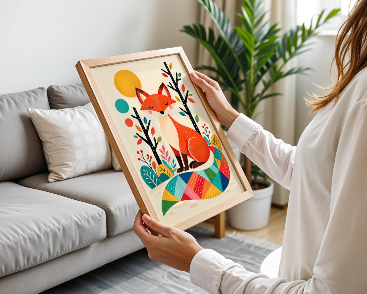 Scandinavian Fox Wall Art, Colourful Woodland Animal Print, Nursery Poster, Folk Art Forest