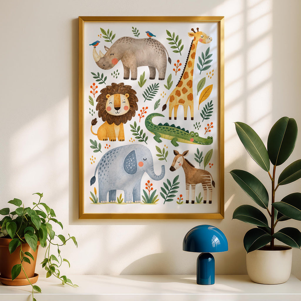Safari Animals Nursery Print, Watercolour Lion Elephant Giraffe Poster, Kids Room Wall Art Decor