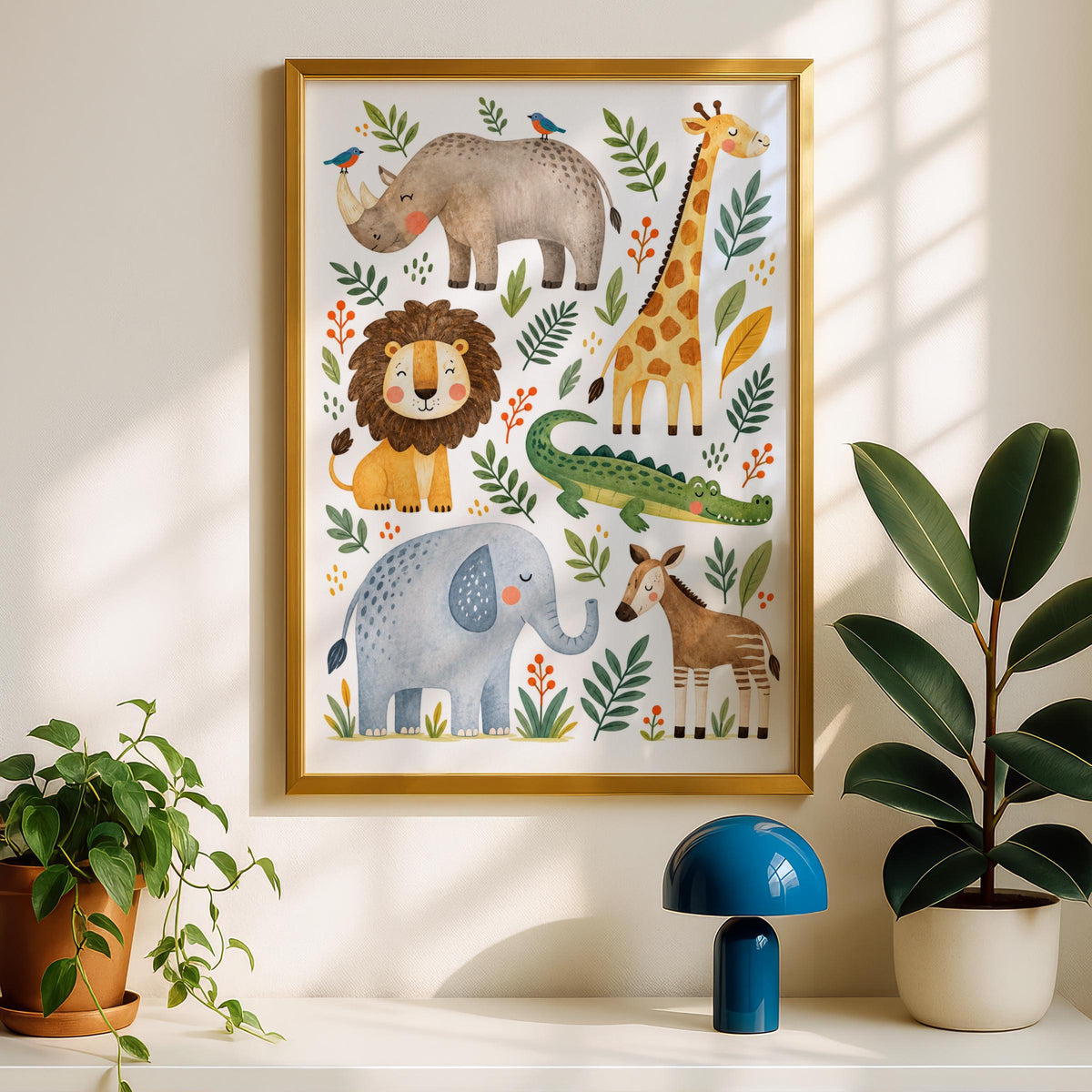 Safari Animals Nursery Print, Watercolour Lion Elephant Giraffe Poster, Kids Room Wall Art Decor
