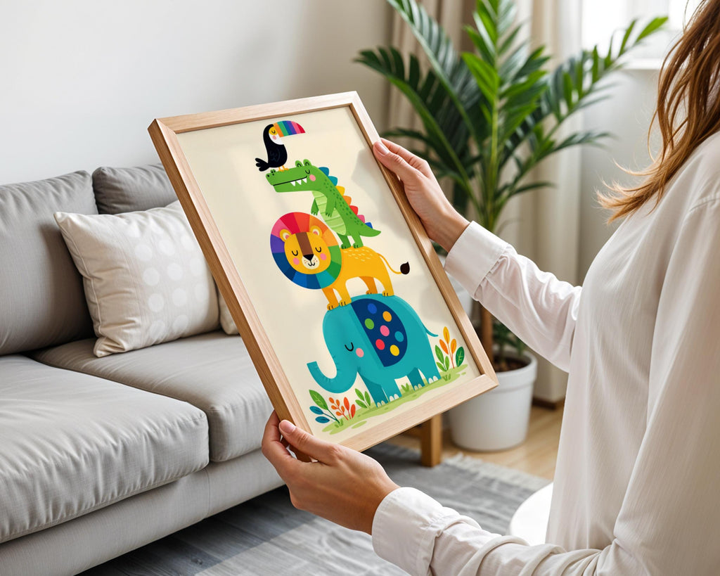 Rainbow Animal Stack Nursery Print, Elephant Lion Crocodile Toucan, Colourful Kids Room Wall Art