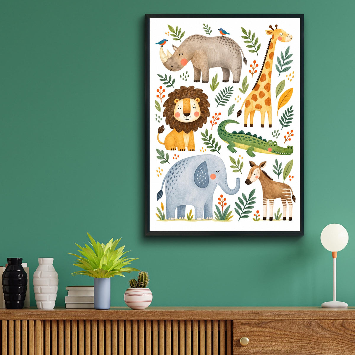 Safari Animals Nursery Print, Watercolour Lion Elephant Giraffe Poster, Kids Room Wall Art Decor