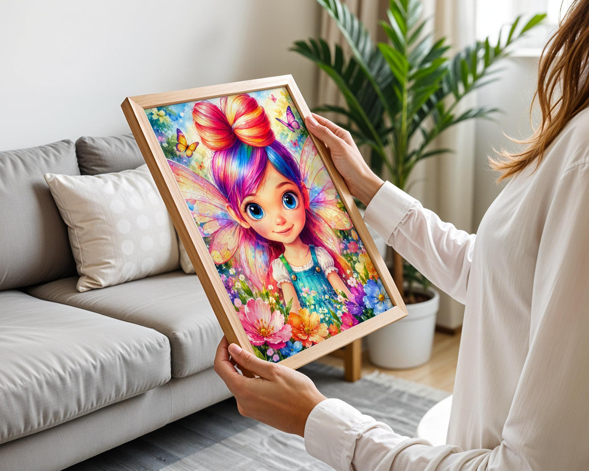 Rainbow Fairy Garden Watercolour Print, Cute Fairy Girl Poster, Butterfly Flower Nursery Wall Art