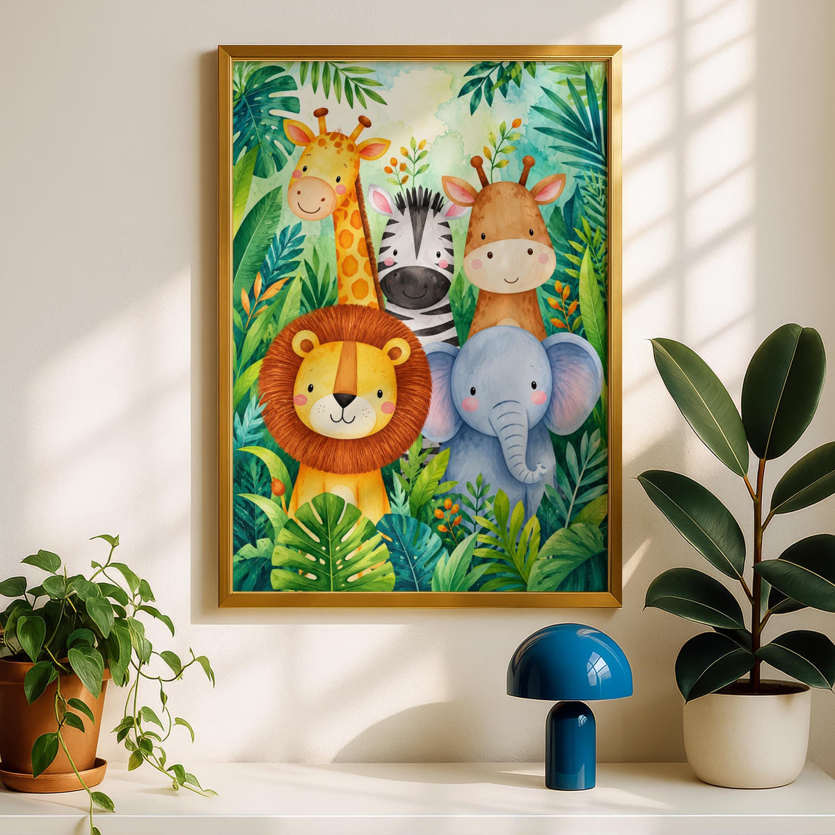 Safari Animals Nursery Print, Jungle Watercolour Wall Art, Lion Zebra Elephant Giraffe Kids Poster