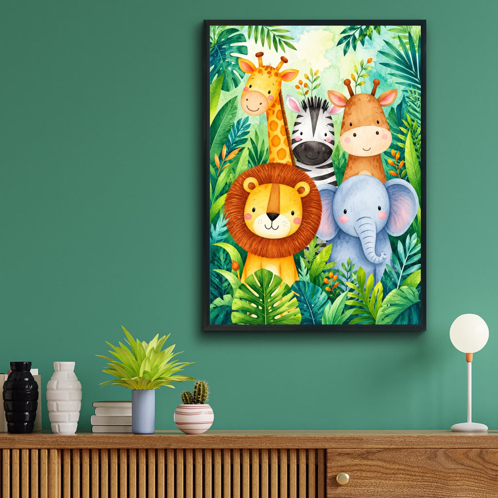 Safari Animals Nursery Print, Jungle Watercolour Wall Art, Lion Zebra Elephant Giraffe Kids Poster