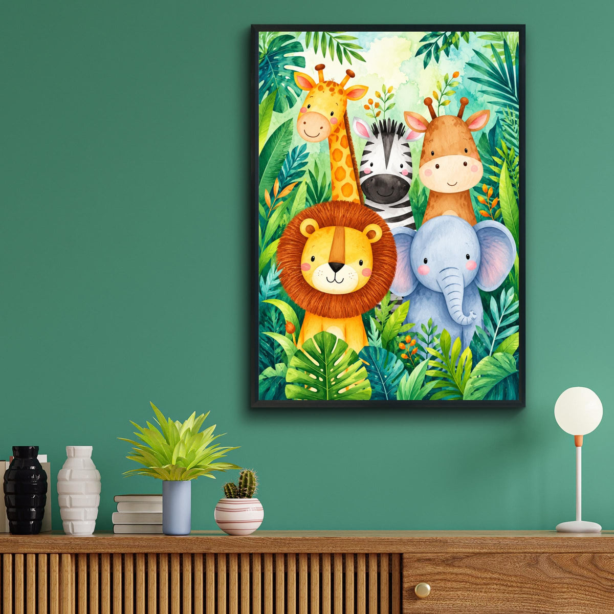 Safari Animals Nursery Print, Jungle Watercolour Wall Art, Lion Zebra Elephant Giraffe Kids Poster