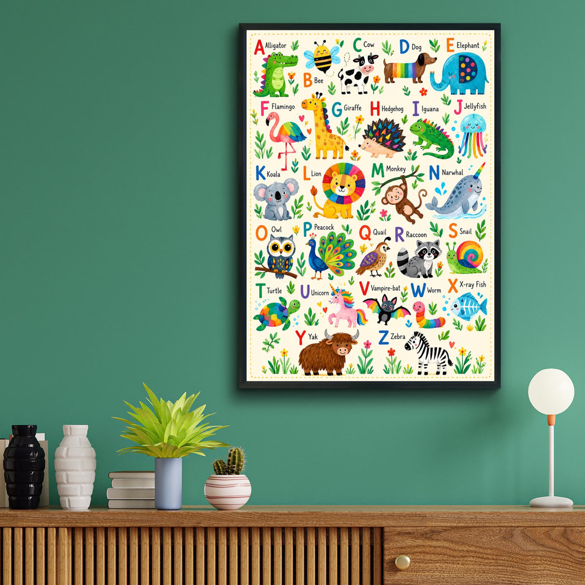 Animal Alphabet Poster, Rainbow ABC Nursery Wall Art, Colourful Kids Bedroom Print, Playroom Decor