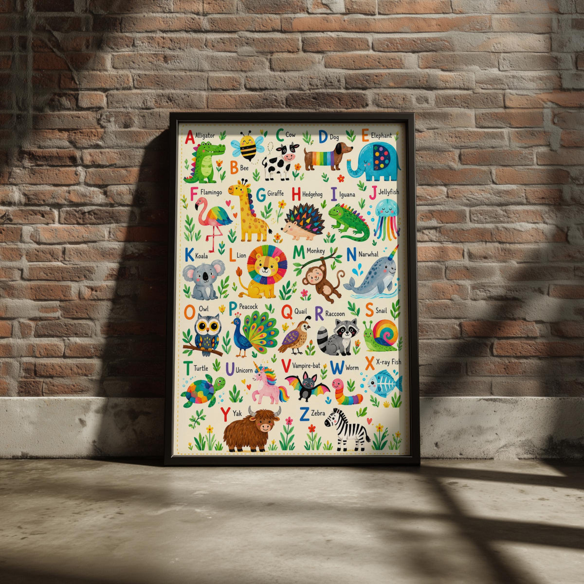 Animal Alphabet Poster, Rainbow ABC Nursery Wall Art, Colourful Kids Bedroom Print, Playroom Decor