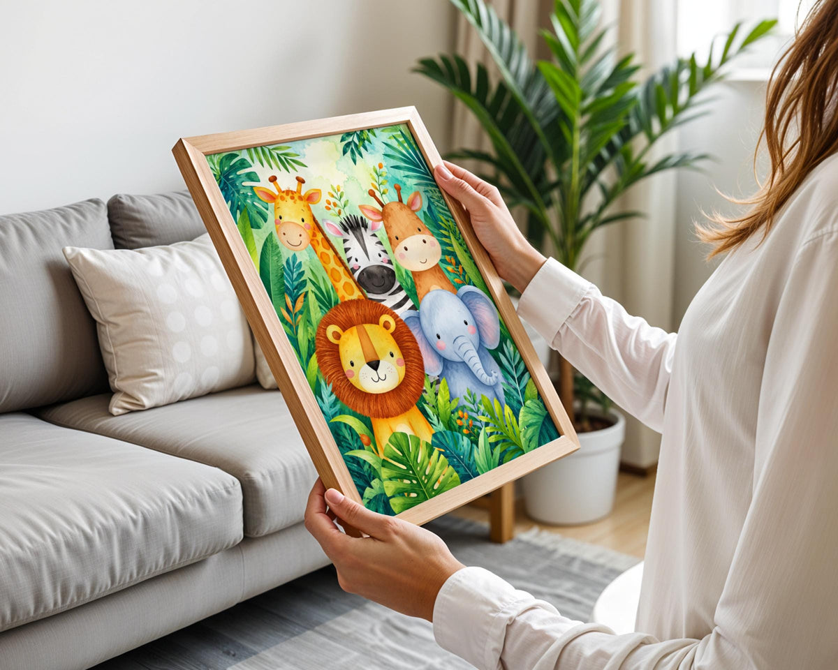 Safari Animals Nursery Print, Jungle Watercolour Wall Art, Lion Zebra Elephant Giraffe Kids Poster