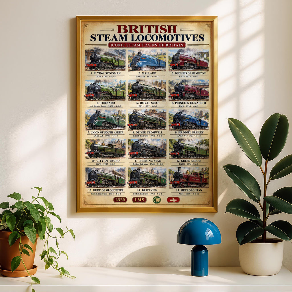 British Steam Locomotives Poster, Iconic Trains Wall Art (15 Engines)