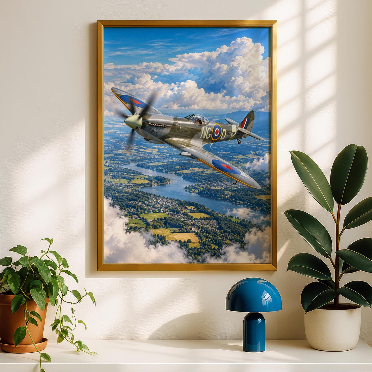 Spitfire RAF Fighter Plane Print, WWII Aerial Landscape, British Aviation Art (A4)